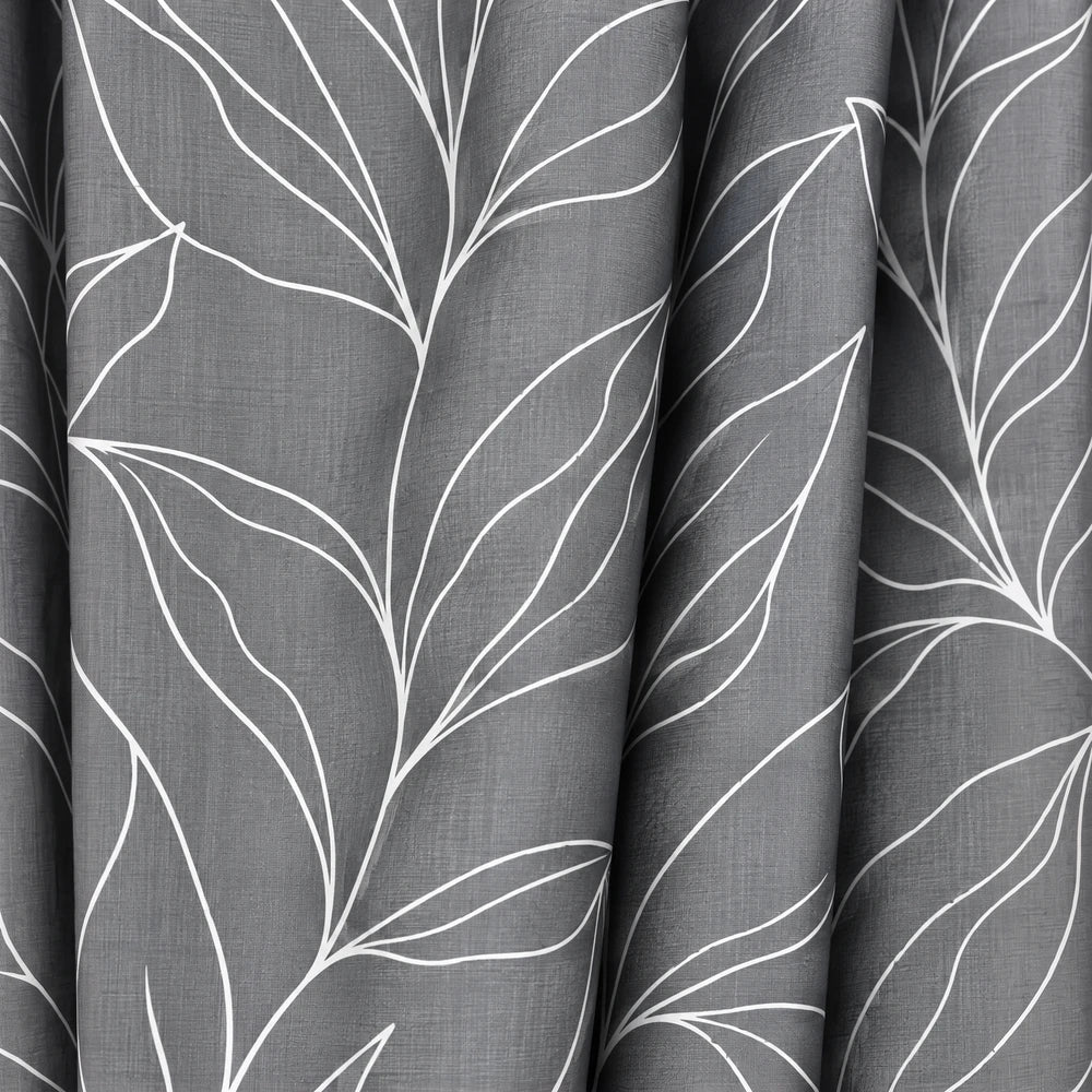 Modern Leaf Paste Print Taped Lined Curtain in gray with a white botanical leaf pattern, ideal for a contemporary window