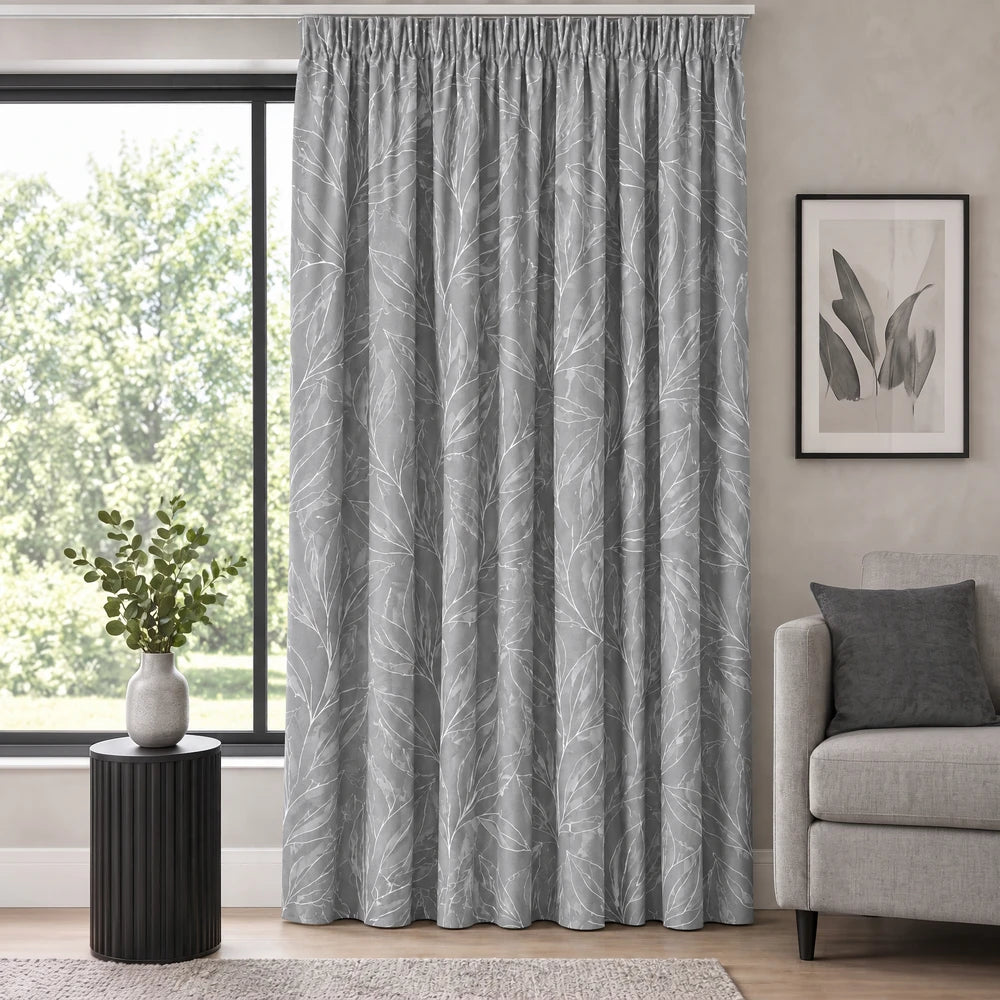 Modern Leaf Paste Print Taped Lined Curtain in gray with white leaf pattern, rod-pocket header for living room window use.