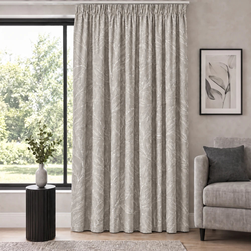 Modern Leaf Paste Print Taped Lined Curtain in beige with white botanical leaf pattern, room-dimming