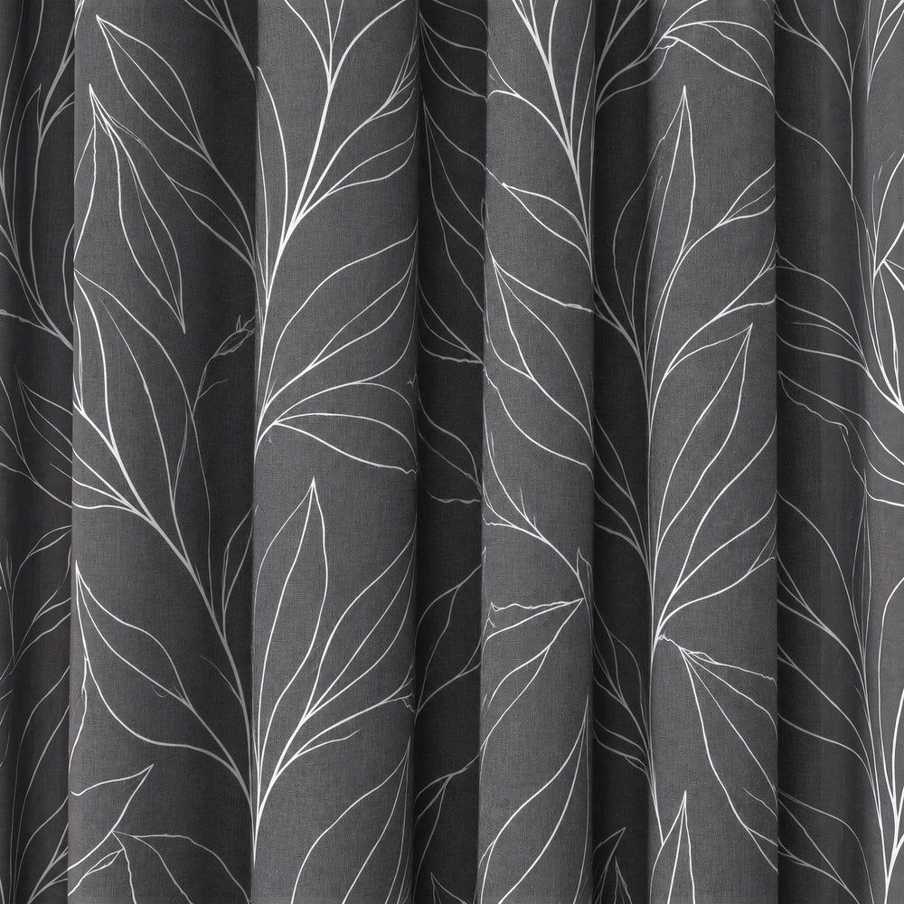 Modern leaf paste print taped lined curtain in dark gray with white botanical pattern.