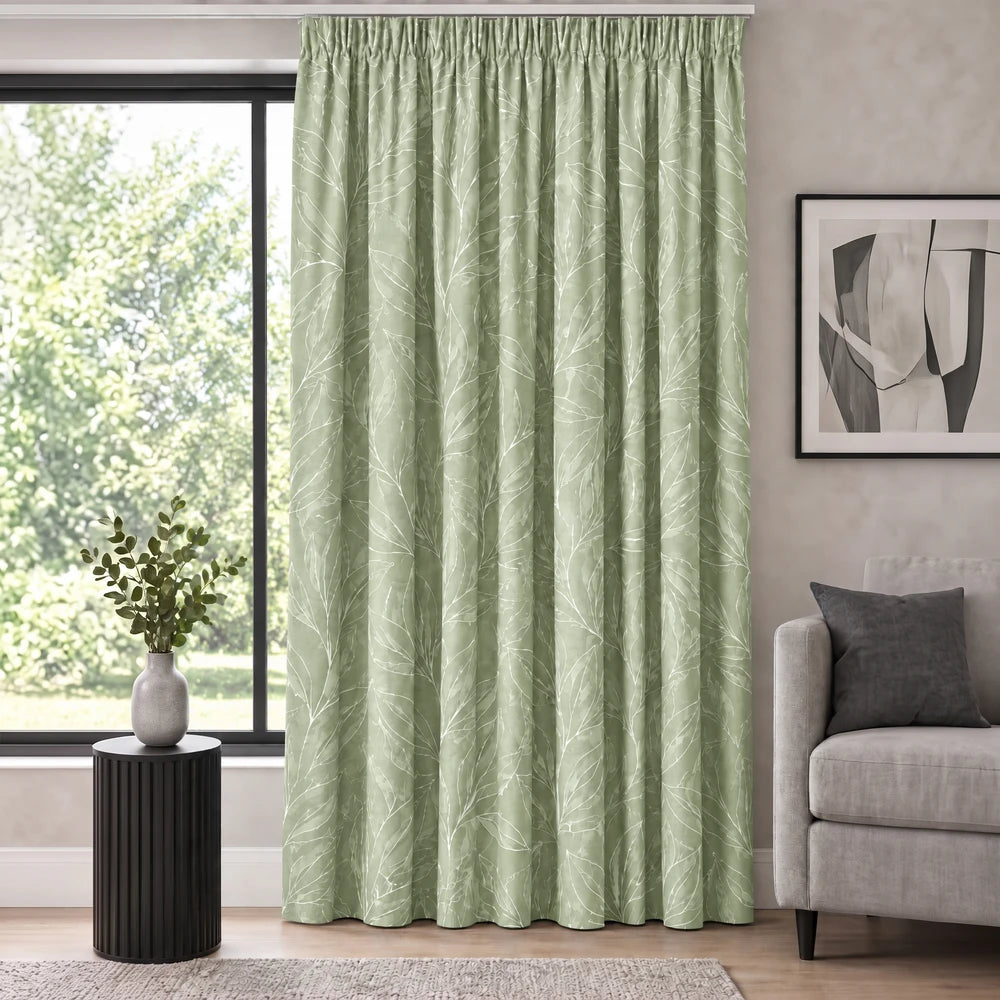Modern Leaf Paste Print Taped Lined Curtain in sage green with white botanical veins, a decorative window drape for living