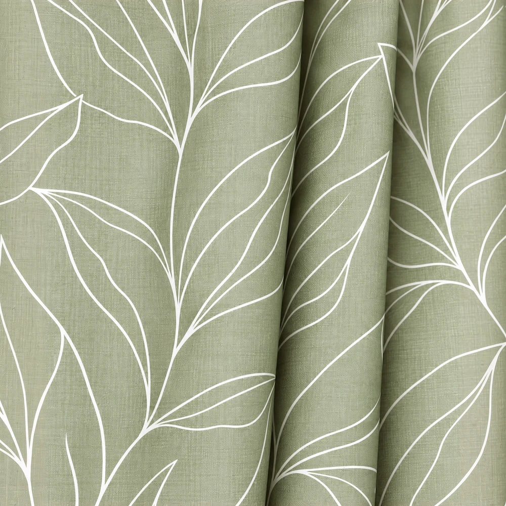 Modern Leaf Paste Print Taped Lined Curtain in sage green fabric with white botanical outlines, suitable for living rooms.