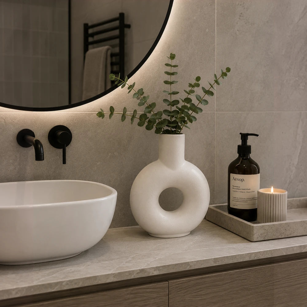 Modern White Ceramic Oval Donut Vase with circular hollow center, holding greenery, placed on a bathroom counter.