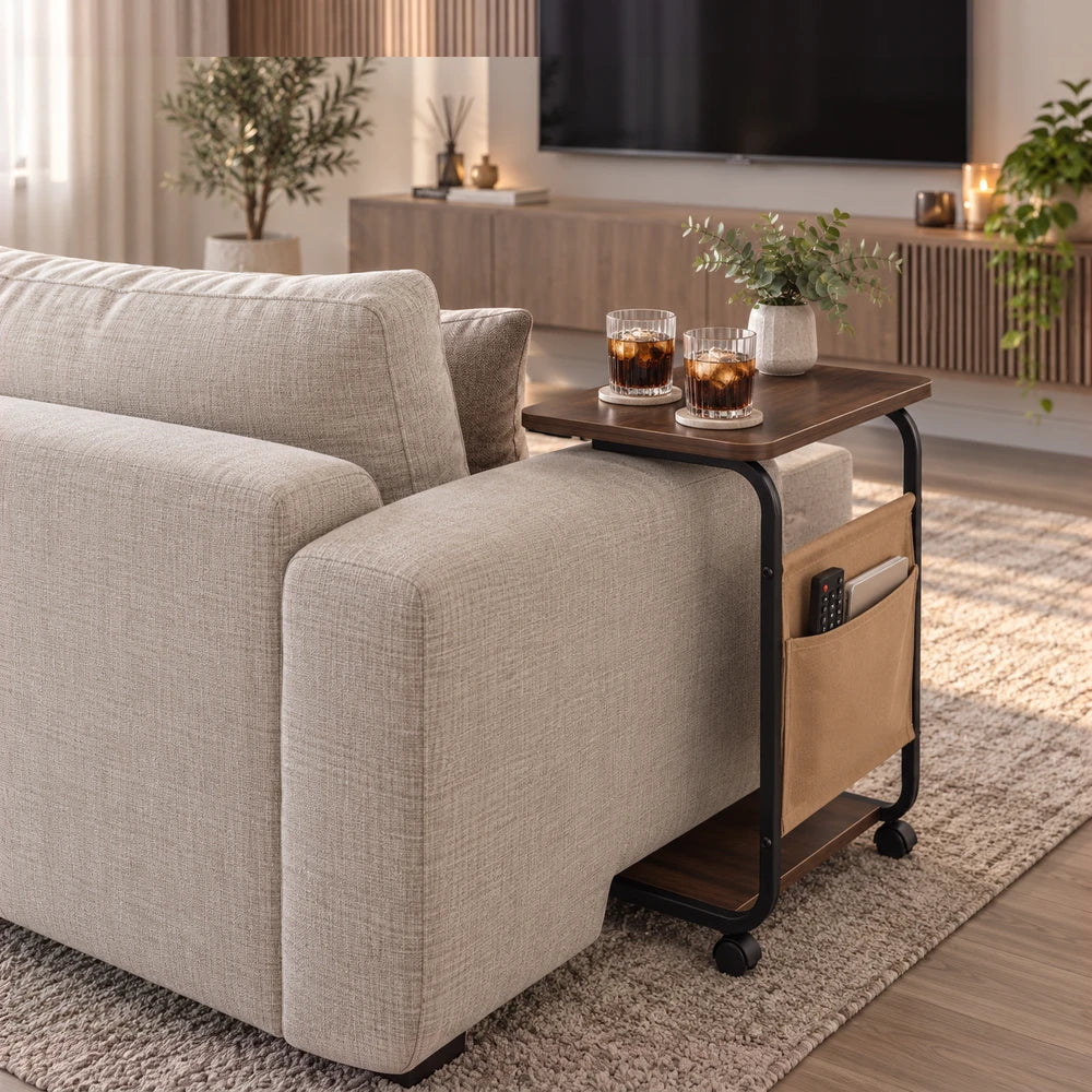Modern wooden trolley table with a dark brown top, black metal frame on wheels, and a beige fabric storage pocket beside a