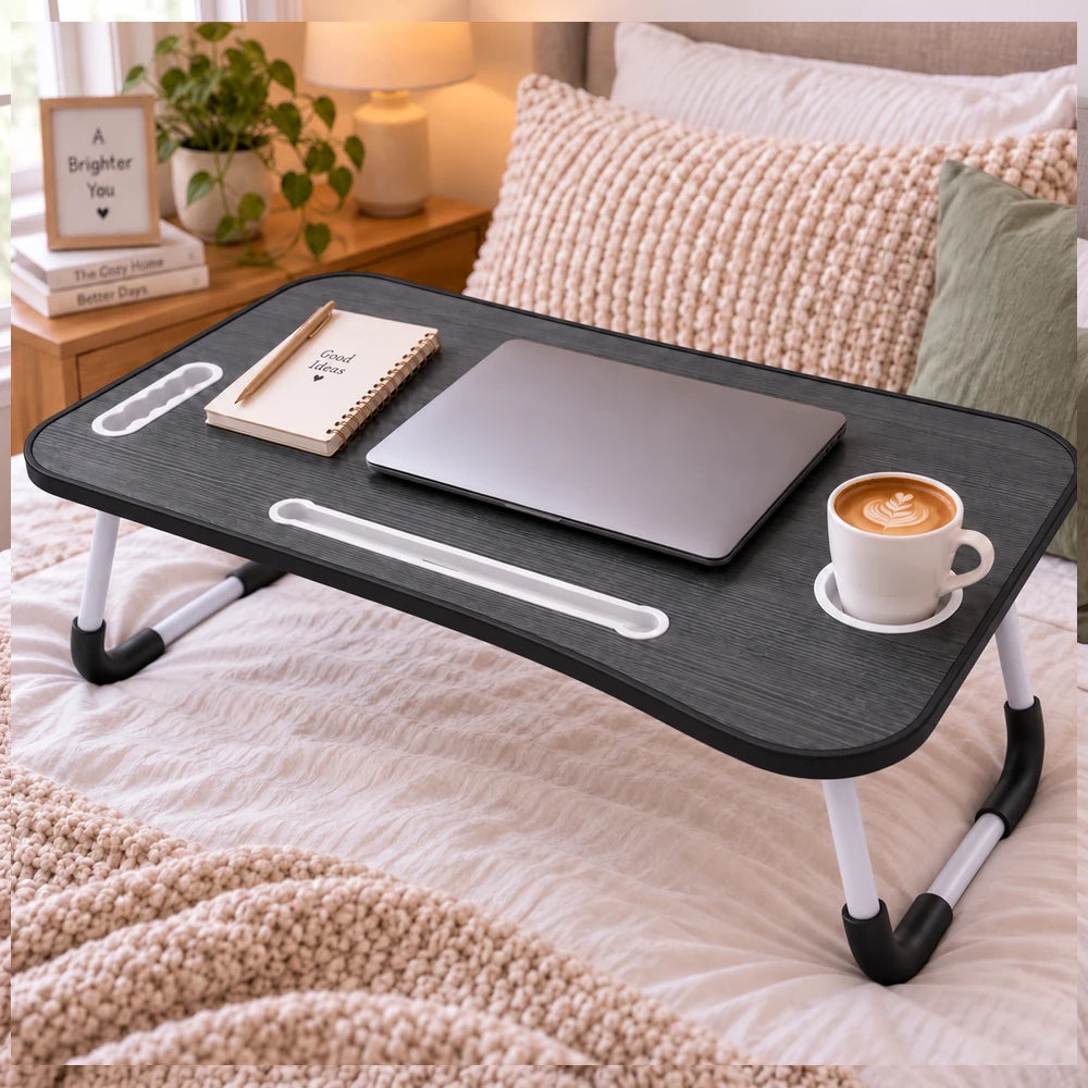 Multi-Functional Foldable Laptop Table & Serving Tray with dark wood grain top, white legs, suitable for bed use.