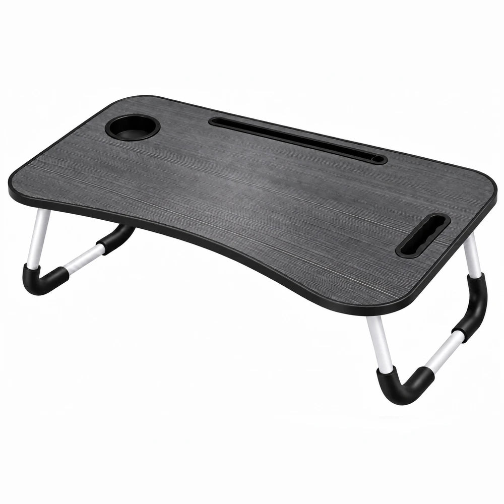 Multi-Functional Foldable Laptop Table & Serving Tray with dark wood grain surface, black edges, and silver legs.