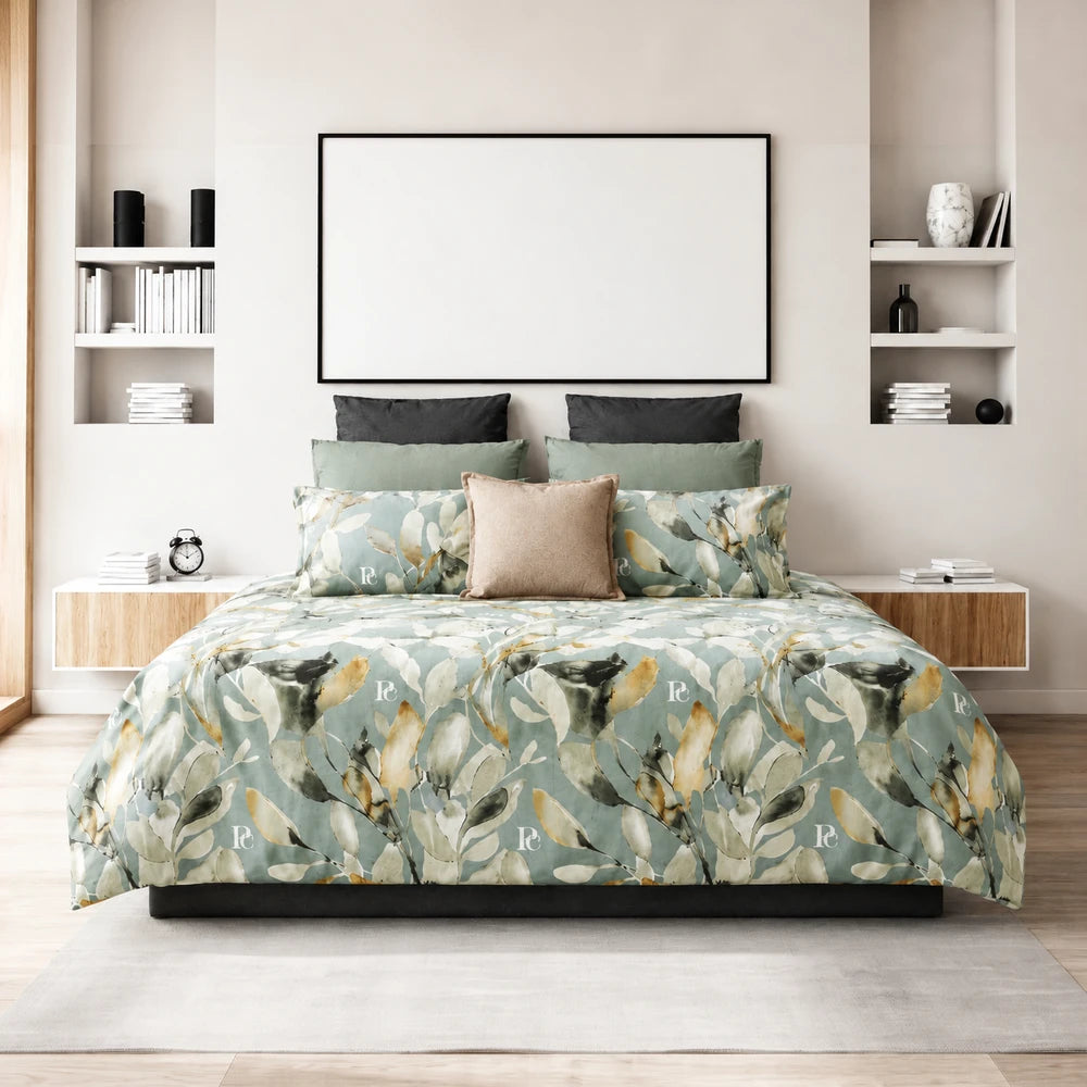 Pierre Cardin Microfibre Duvet Cover Set in Aralin Leaves pattern with teal-green botanical leaves, soft and durable for
