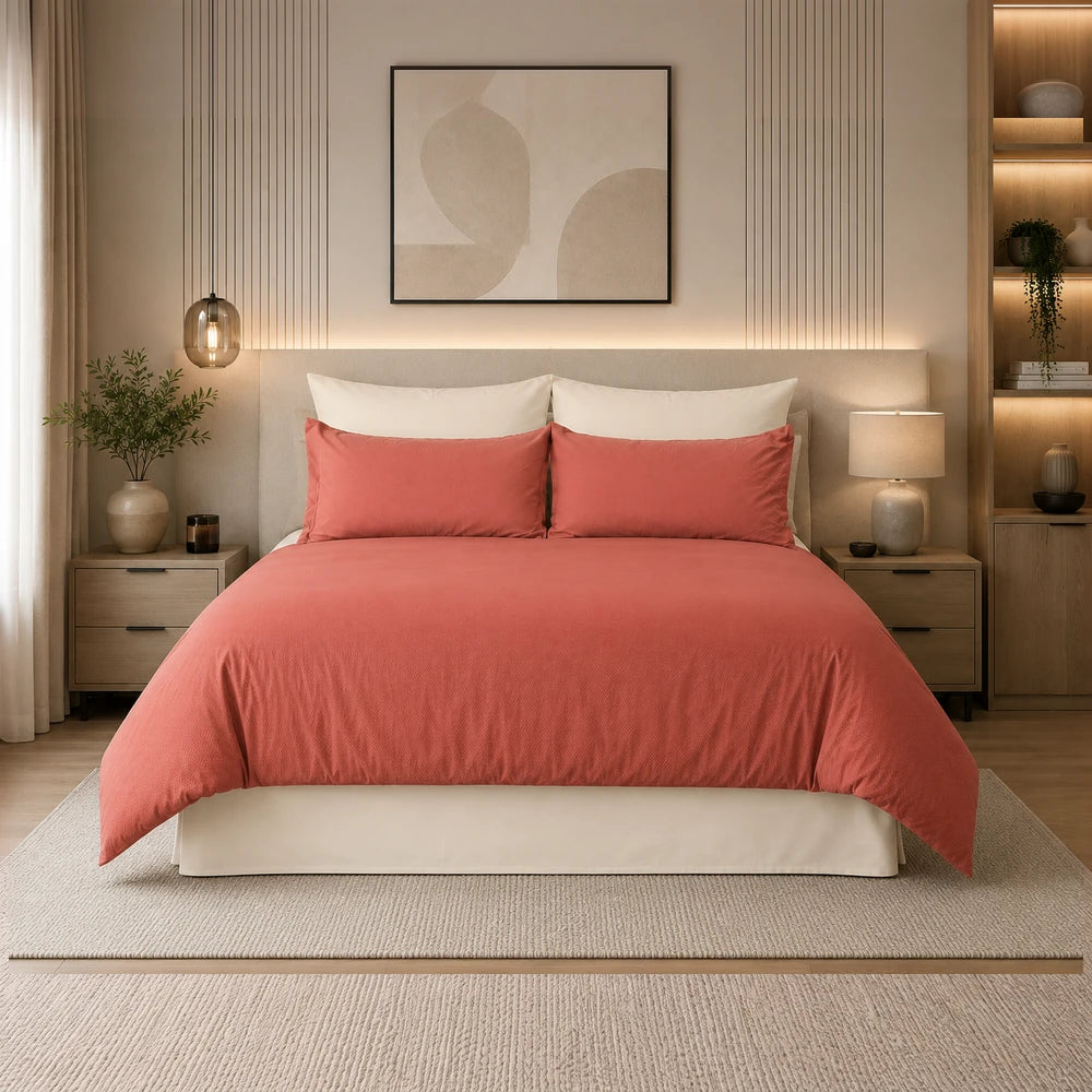 Pierre Cardin Bubble Embossed Microfibre Duvet Cover in coral pink with white pillowcases, featuring a soft texture for a