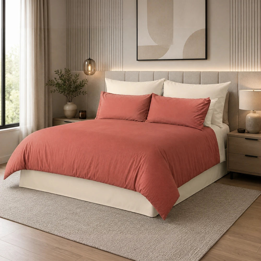Pierre Cardin Bubble Embossed Microfibre Duvet Cover in coral pink with quilted bubble texture for a soft, luxurious bedroom