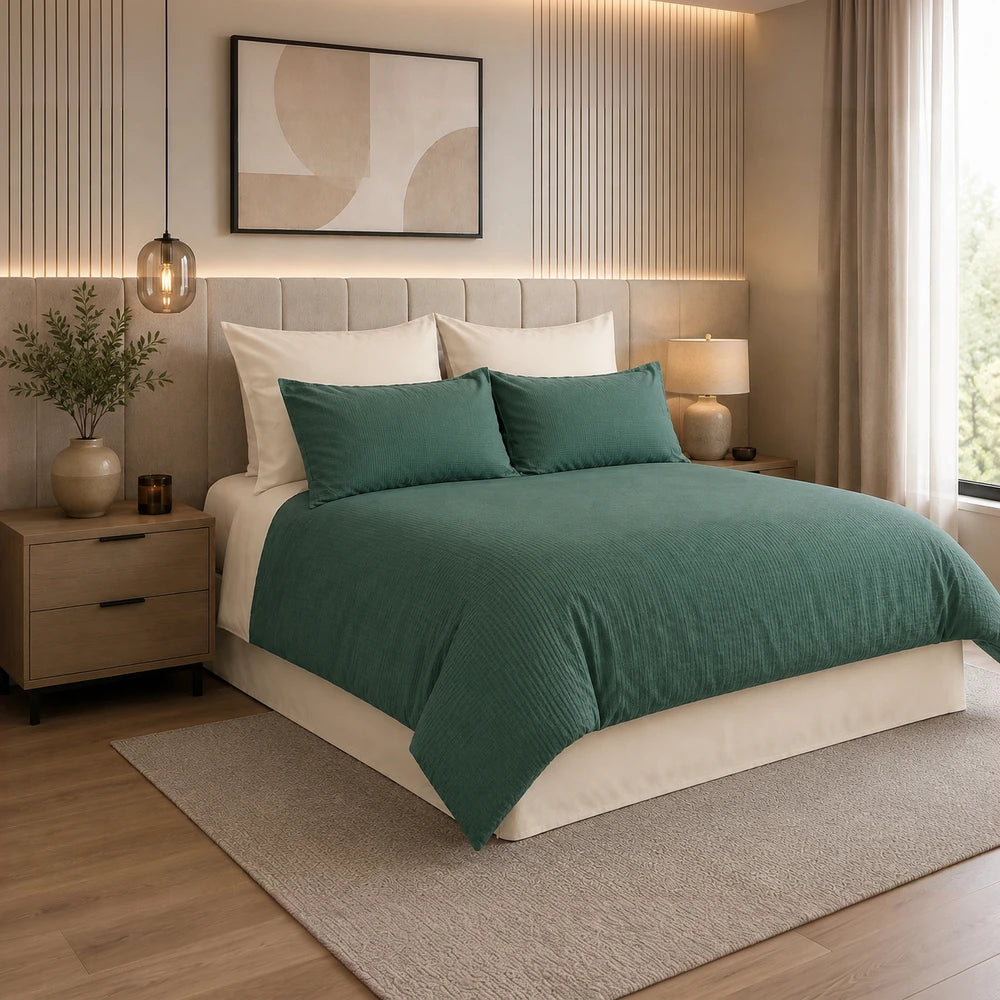 Pierre Cardin Bubble Embossed Duvet Cover Set in hunter green with textured quilting, shown on a neatly made bed.