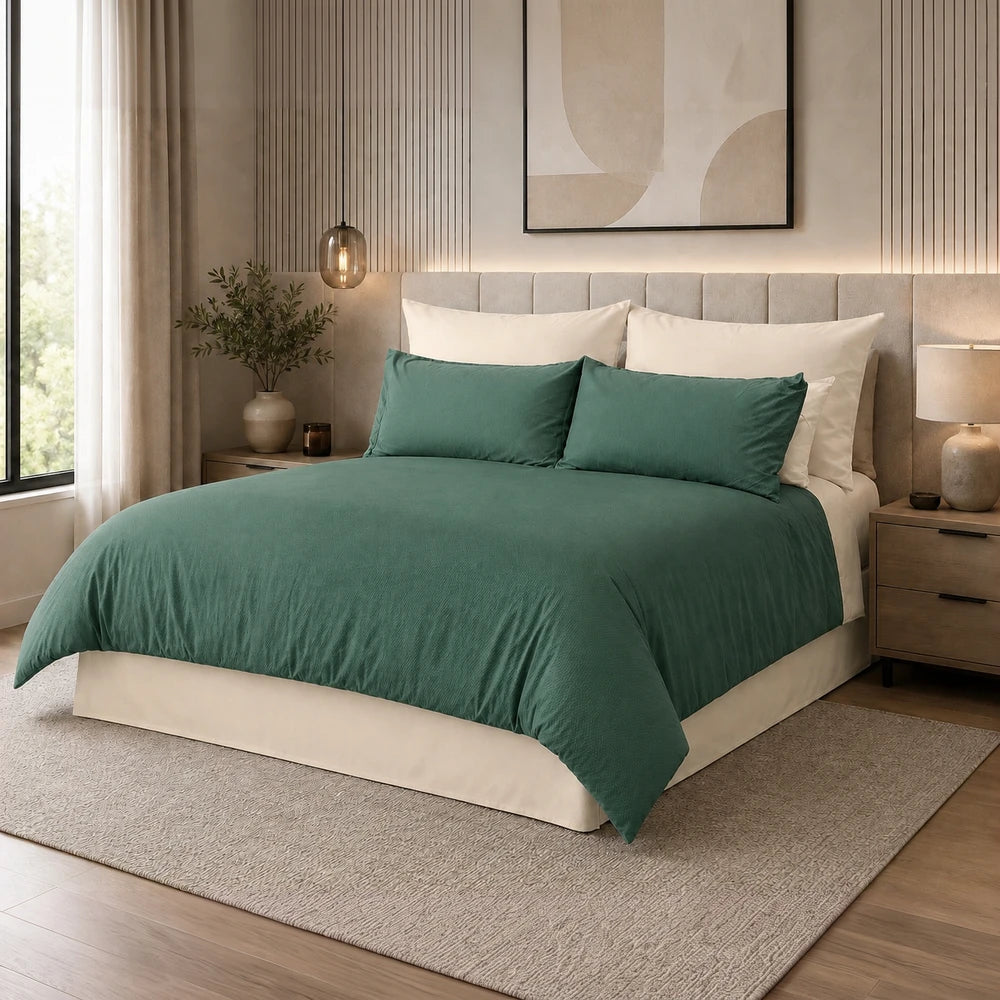 Pierre Cardin Bubble Embossed Duvet Cover Set in hunter green with white pillowcases, showcasing a textured, soft finish.