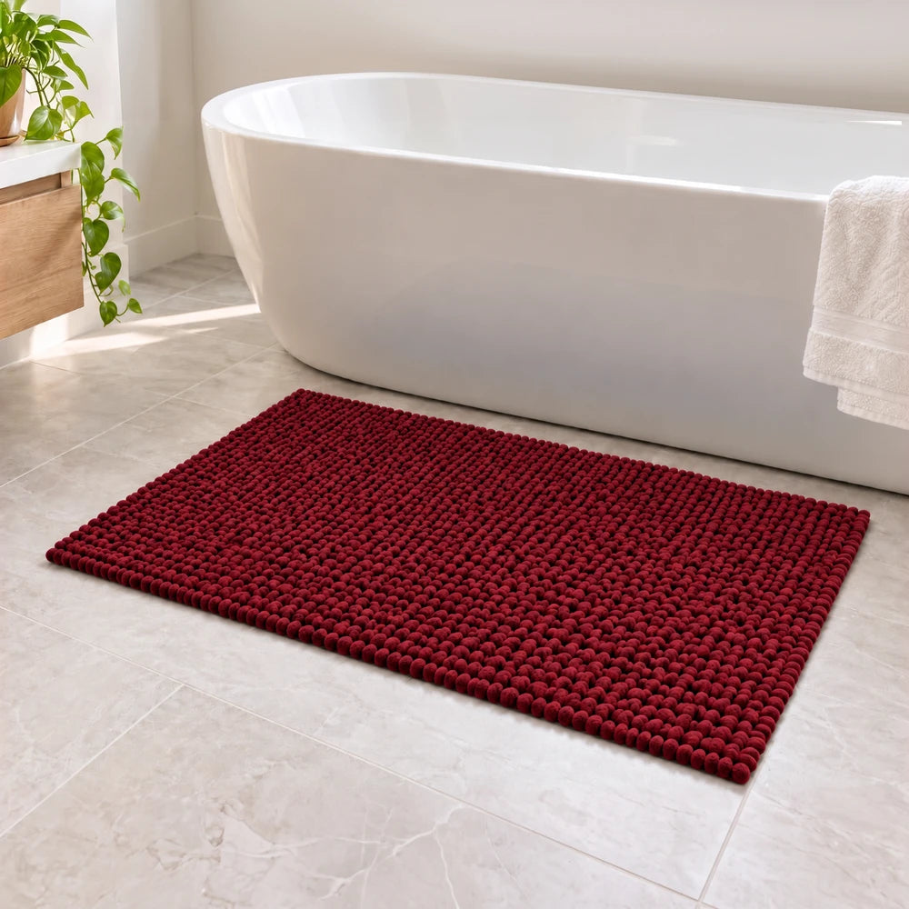 Pierre Cardin Chenille Mat in red, soft chenille texture, sized 50 x 80 cm for bathroom floor.