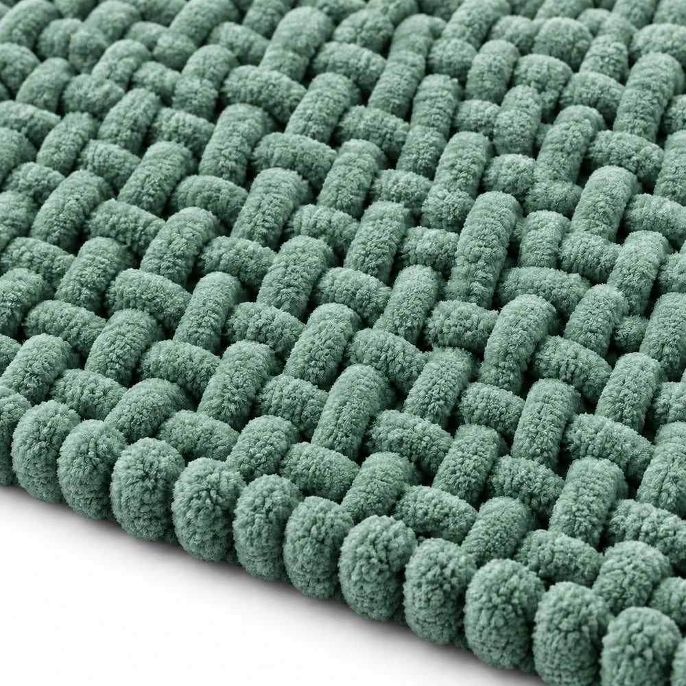 Pierre Cardin Chenille Mat 50 x 80cm in teal green with chunky chenille loops, ideal for bathroom or entryway.