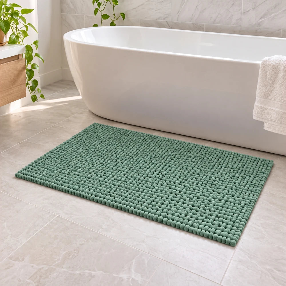 Pierre Cardin Chenille Mat 50 x 80cm in teal green with soft chenille fibers, ideal bath mat for bathroom use.