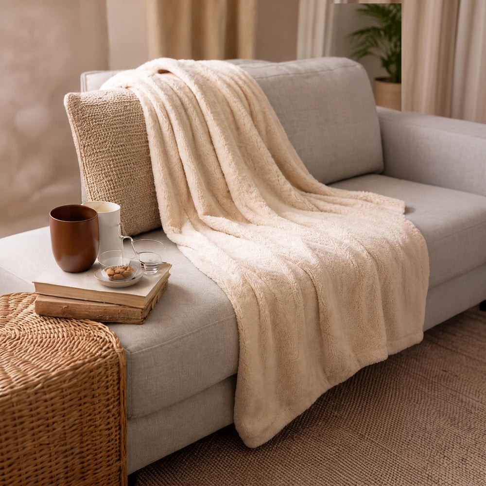Pierre Cardin Classic Woven Throw in warm beige with plush texture, draped over a light gray sofa for cozy living room use.