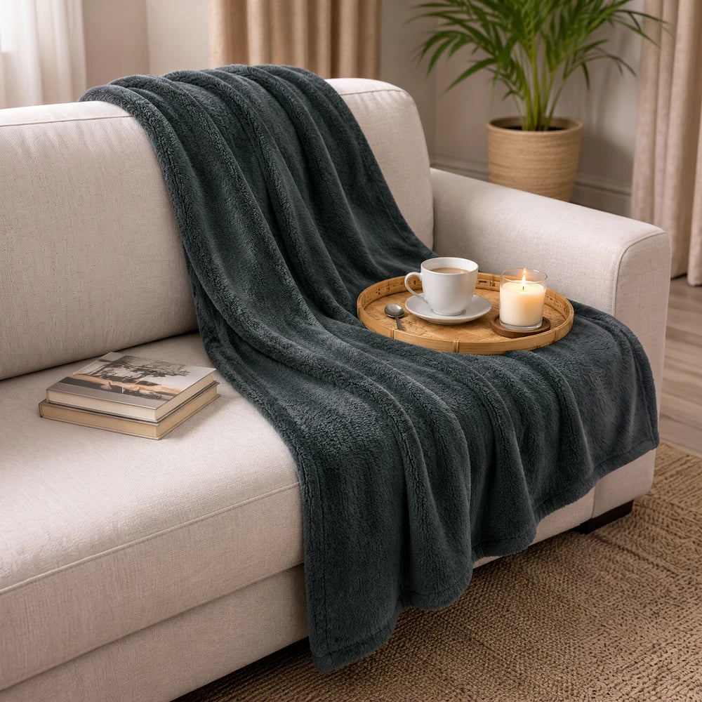 Pierre Cardin Classic Woven Throw in charcoal gray, plush throw draped over a beige sofa for cozy lounging.