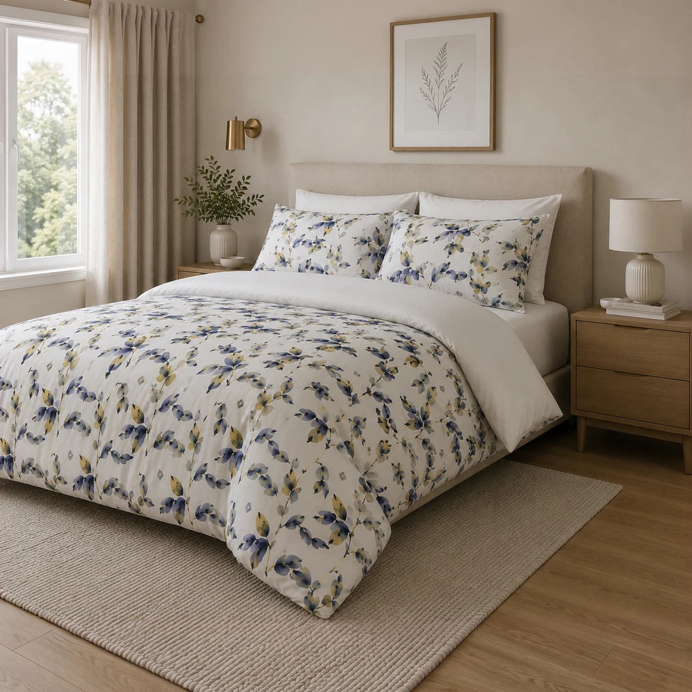 3 Piece Pierre Cardin Comforter set with a beige base and blue-yellow floral pattern, shown on a neatly made bed.