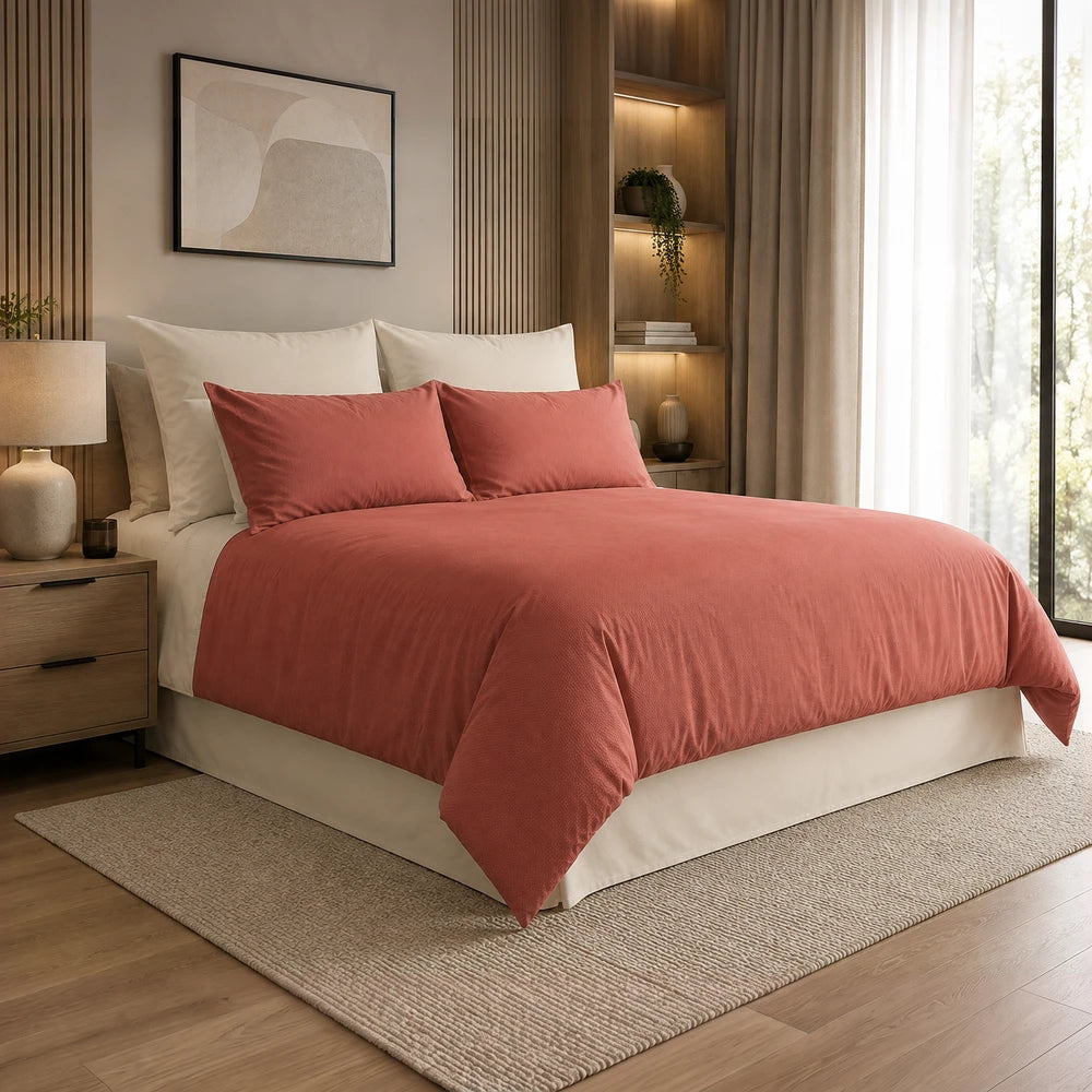 Pierre Cardin Bubble Embossed Microfibre Duvet Cover in coral pink with a soft texture and breathable microfibre fabric,