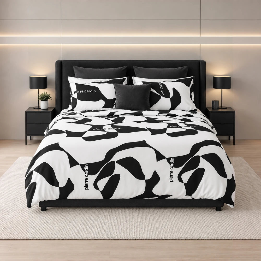 Pierre Cardin Duvet Cover Set in black and white abstract pattern with matching pillows, ideal for contemporary bedrooms.
