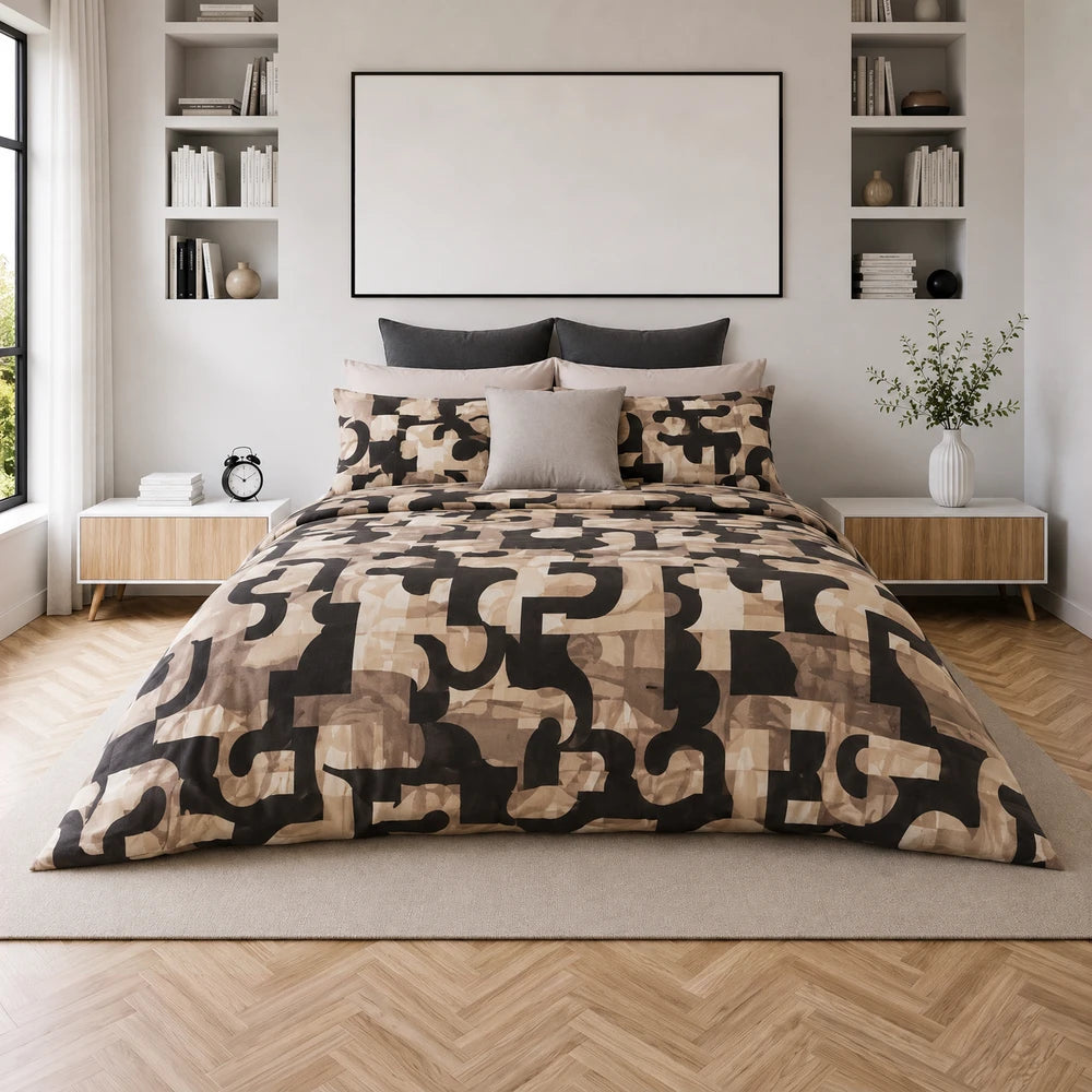 Pierre Cardin Microfibre Duvet Cover Set Leighton in beige and black geometric pattern with coordinating pillow shams, shown