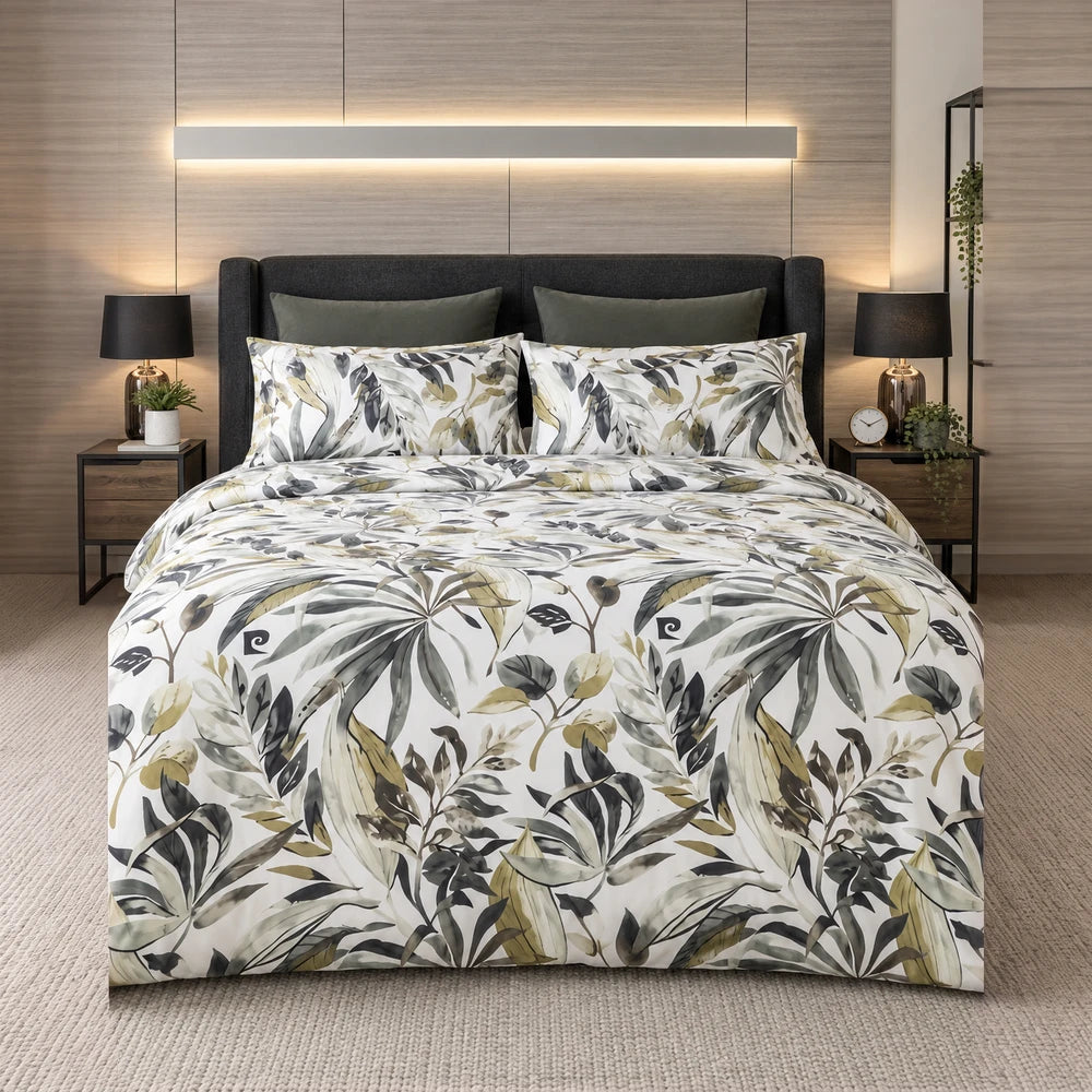 Pierre Cardin Duvet Cover Set - Harmony Leaves with botanical leaf print on ivory background in muted greens and grays.