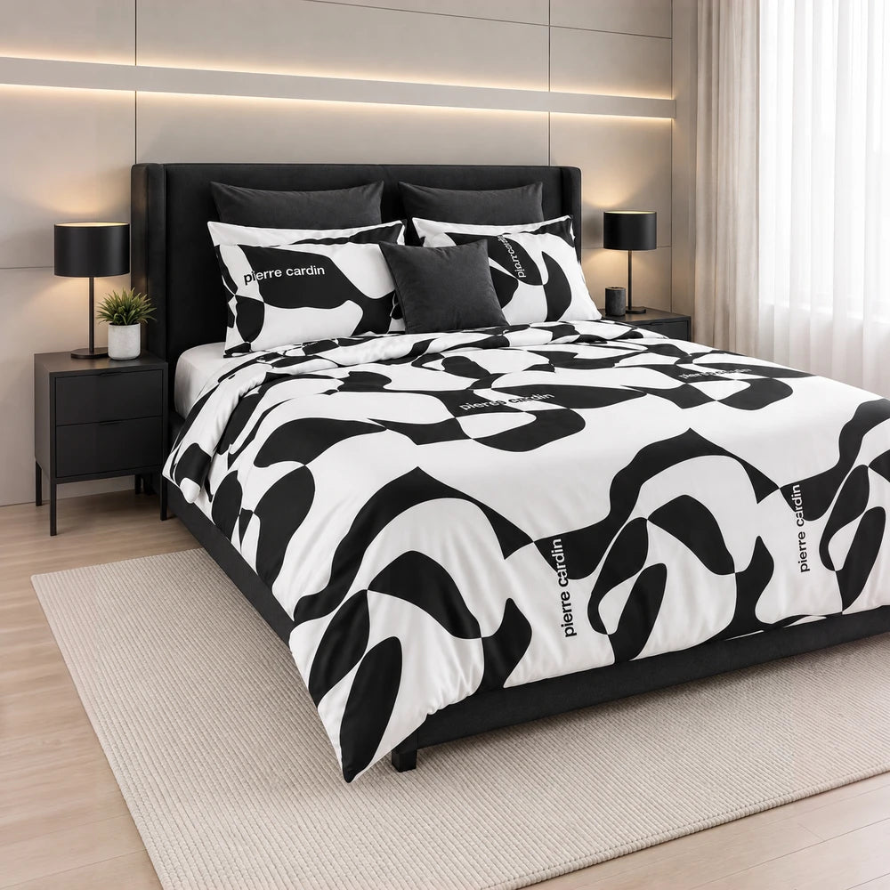Pierre Cardin Duvet Cover Set Laxity in black and white abstract pattern with matching pillowcases