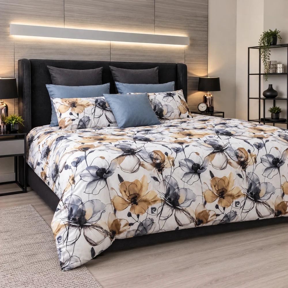 Pierre Cardin Duvet Cover Set Fiona Floral in blue and beige on white, with a soft, large floral pattern.