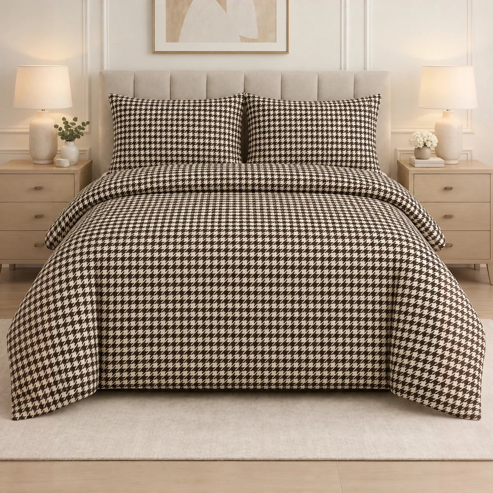 3Pc Pierre Cardin Printed Houndstooth Quilt in brown and cream with matching pillow shams.