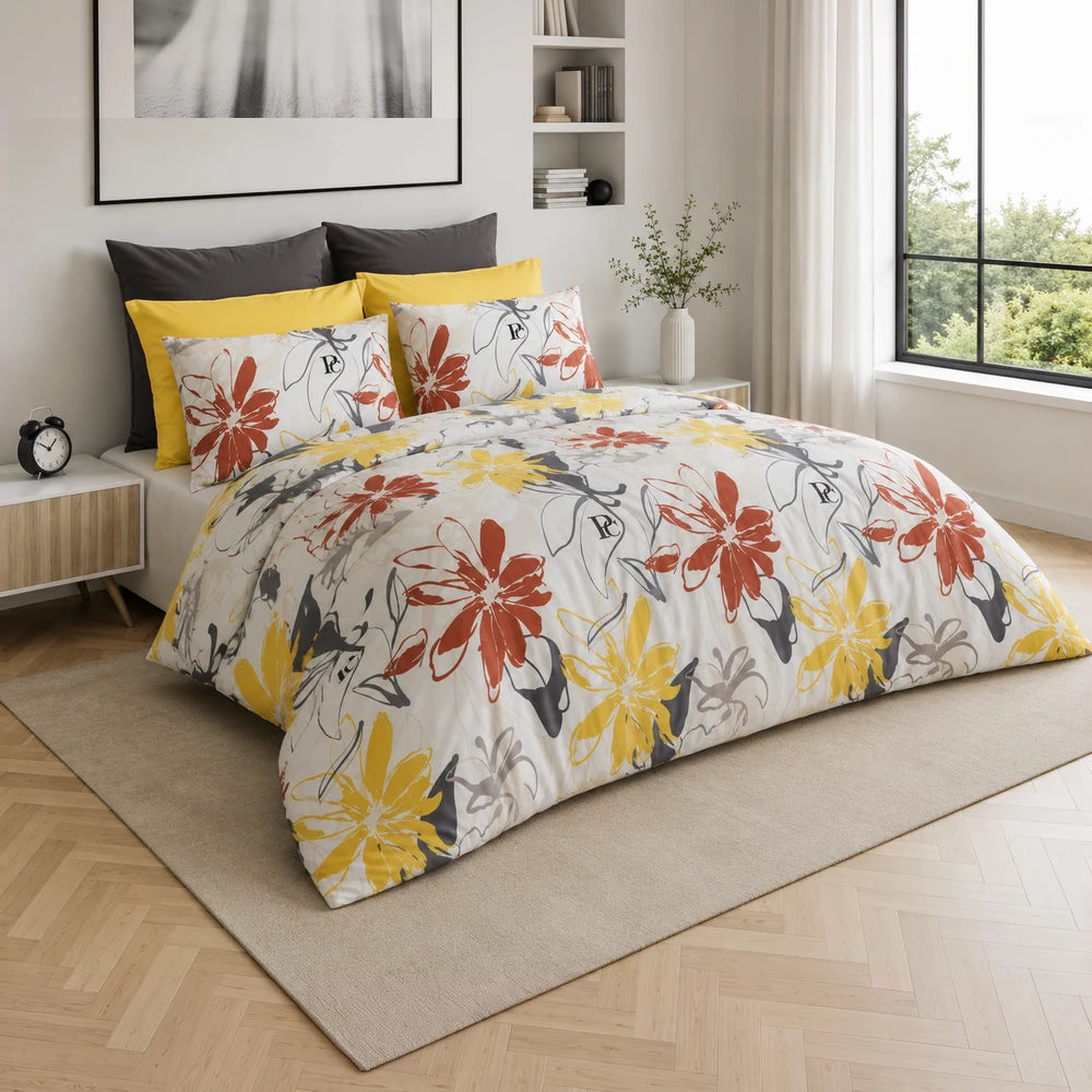 Pierre Cardin Microfibre Duvet Cover Set Leiya in multicolor floral design (red, yellow, gray) on white with matching