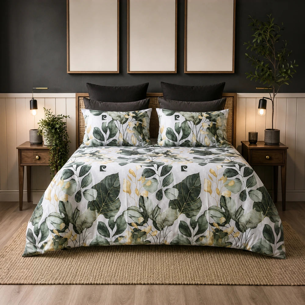 Pierre Cardin Vogue Duvet Cover Set Luella Leaves with botanical green and yellow leaves on white, includes matching