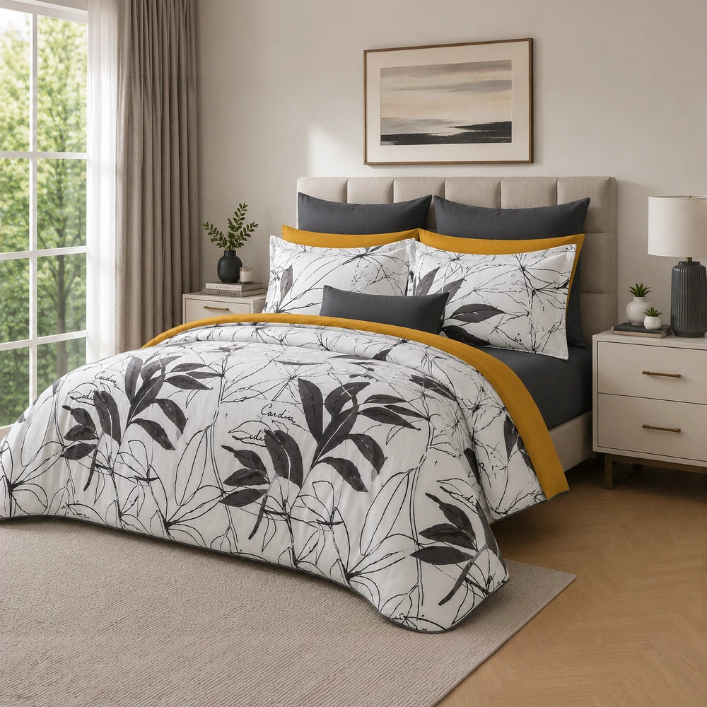 Pierre Cardin Microfibre Duvet Cover Set - Botanist Leaf with white botanical print and mustard yellow trim.