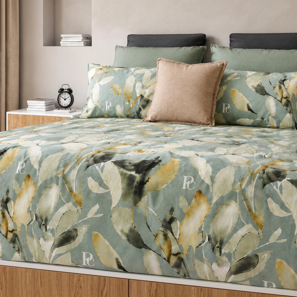 Pierre Cardin Microfibre Duvet Cover Set, Aralin Leaves pattern in teal with botanical leaf design.