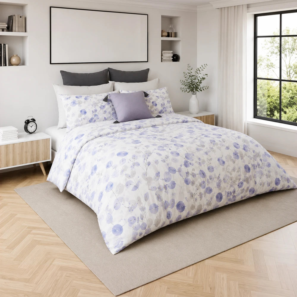 Pierre Cardin Microfibre Duvet Cover Set Kaylee Leaf in white with lavender leaf pattern, soft microfibre fabric.