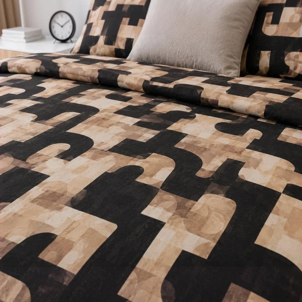 Pierre Cardin Microfibre Duvet Cover Set Leighton in beige and black geometric pattern, soft fabric.