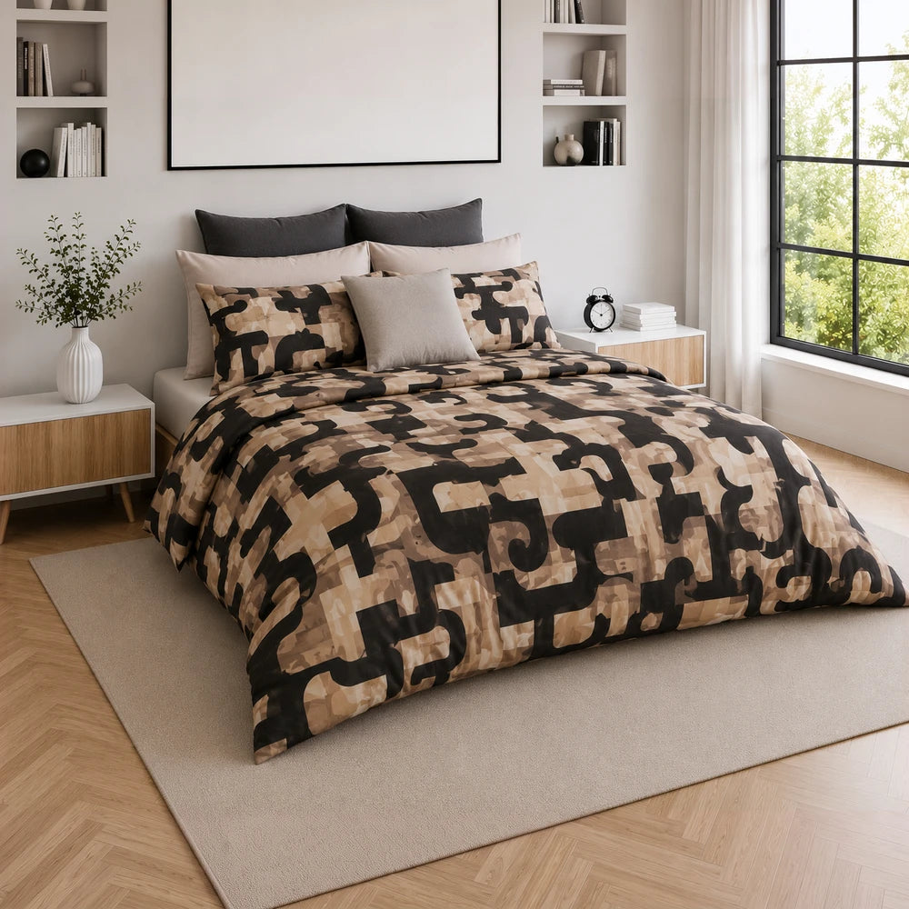 Pierre Cardin Microfibre Duvet Cover Set - Leighton in tan and black geometric pattern, soft microfibre fabric on a neatly