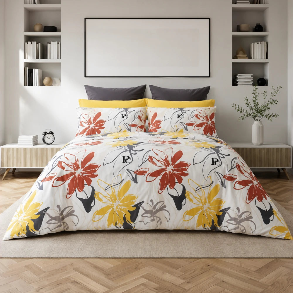 Pierre Cardin Microfibre Duvet Cover Set Leiya displayed on a neatly made bed with colorful floral print in red, yellow and