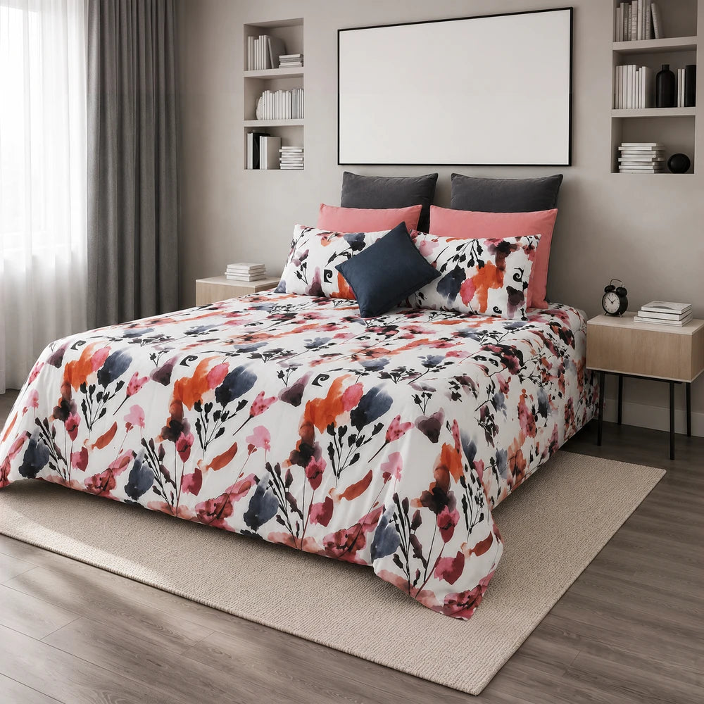 Pierre Cardin Microfibre Duvet Cover Set Lydia Floral with watercolor red, pink and navy flowers on white fabric