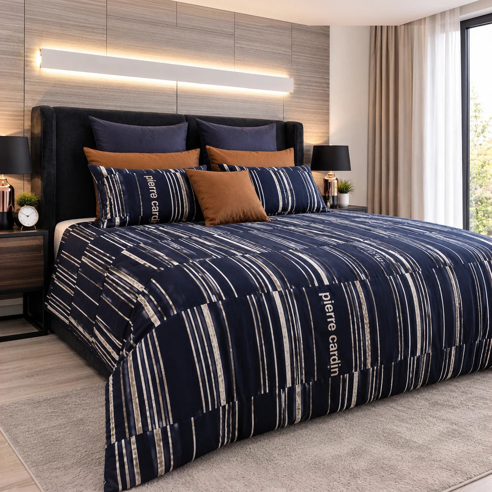 Pierre Cardin Microfibre Duvet Cover Set in navy with white block stripes and matching pillow shams.