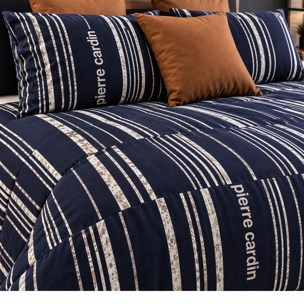 Pierre Cardin Microfibre Duvet Cover Set in navy with white striped pattern; showcasess soft fabric with an orange