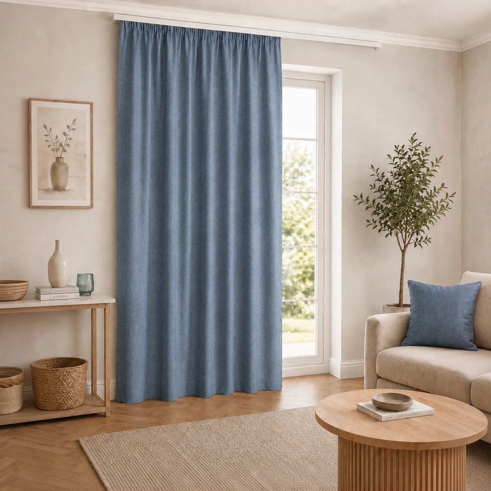 Pierre Cardin Microlinen Lined Taped Curtain in blue, made of lightweight linen blend with lining for privacy.