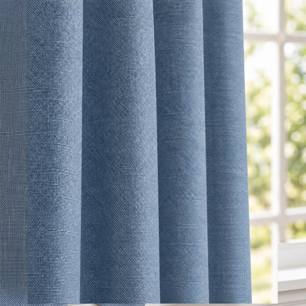 Pierre Cardin Microlinen Lined Taped Curtain in blue with textured weave and durable linen look.