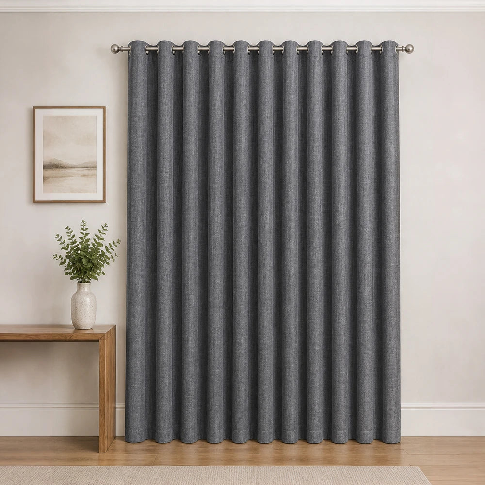 Pierre Cardin Microlinen Eyelet Lined Curtain in charcoal gray with metal eyelets and light-control lining.