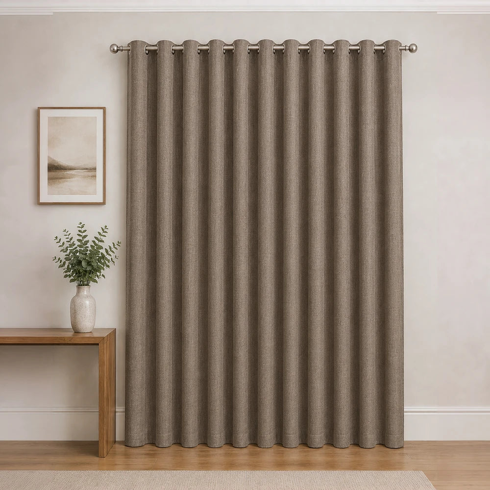 Pierre Cardin Microlinen Eyelet Lined Curtain in taupe with eyelet header and lined fabric for elegant window dressing.