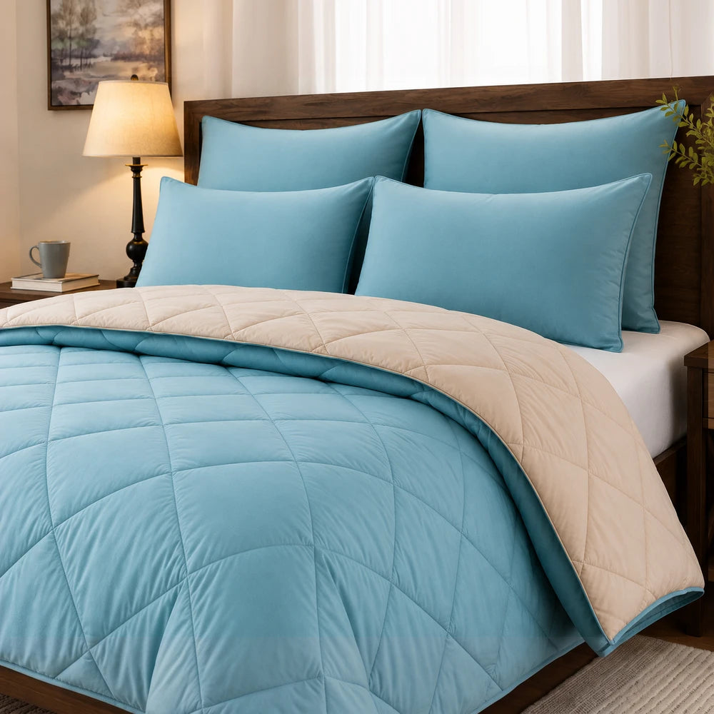 5Pc Pierre Cardin Monochrome Reversible Comforter set in blue with a beige reverse, quilted design and matching pillows.