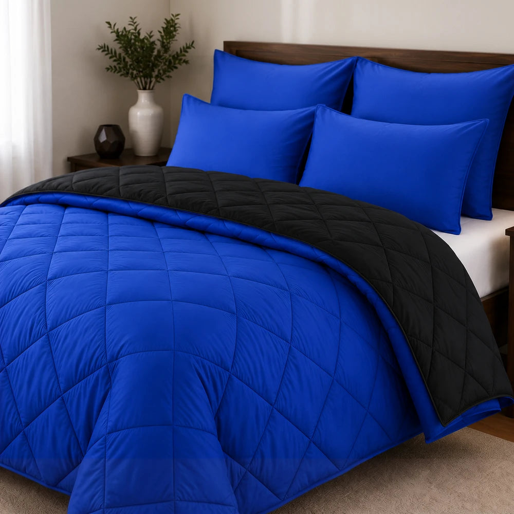Pierre Cardin 5pc monochrome reversible comforter set in blue with a black reverse, includes the comforter and coordinating