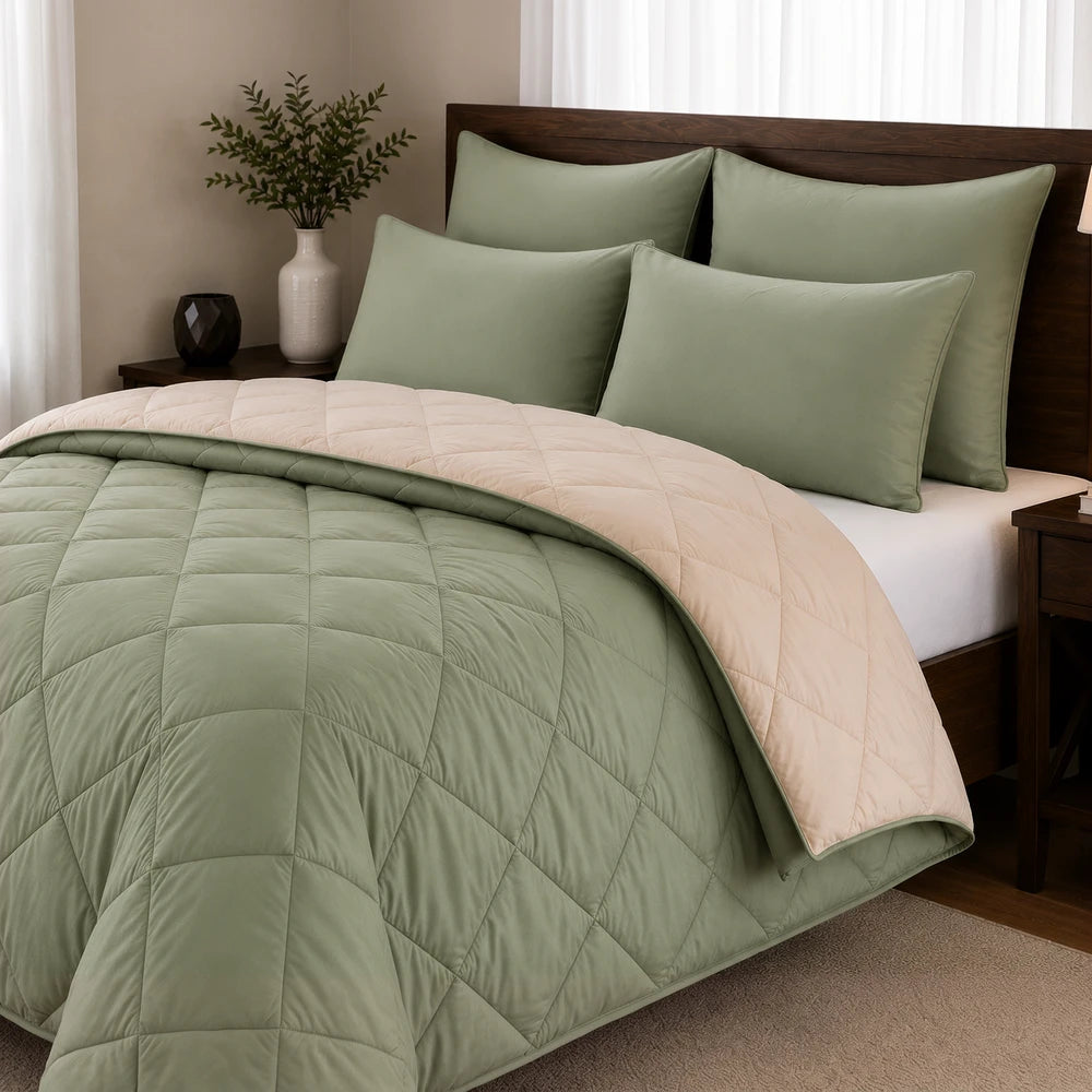 Pierre Cardin 5Pc Monochrome Reversible Comforter set in sage green with beige reverse, includes matching shams.