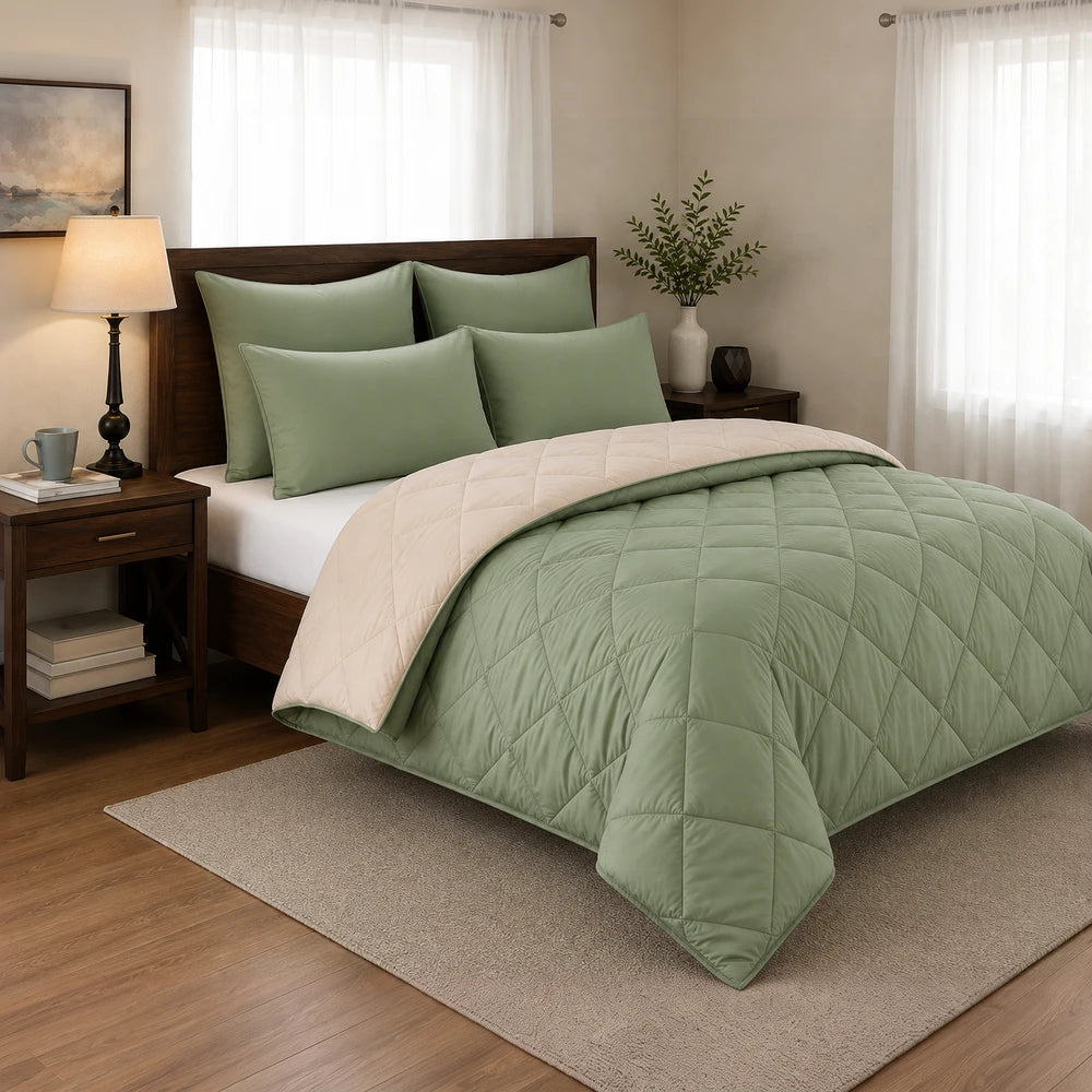 5pc Pierre Cardin Monochrome Reversible Comforter set in sage green with beige reverse and matching pillows for a