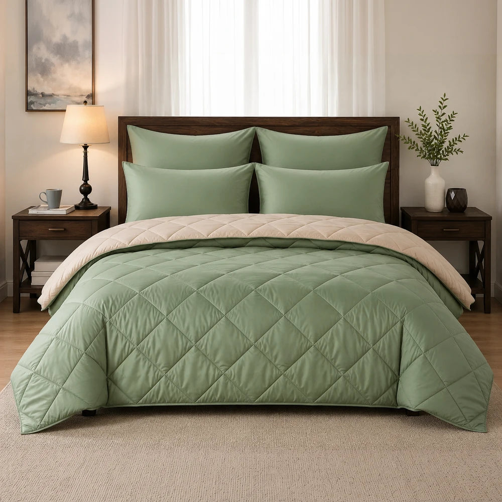 5pc Pierre Cardin Monochrome Reversible Comforter set in sage green with a beige reverse on a neatly made bed.