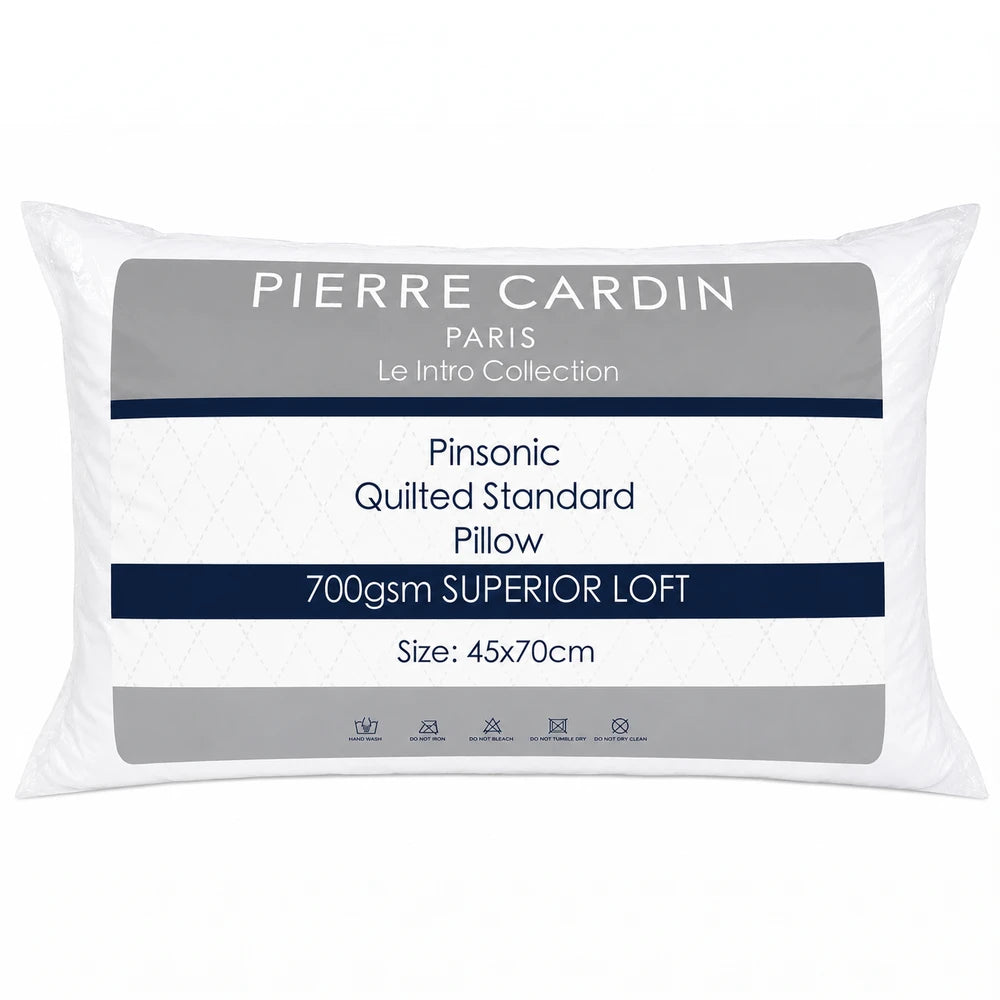 Pierre Cardin Pinsonic Standard Pillow in white with 700gsm Superior Loft filling, size 45x70cm, quilted design for