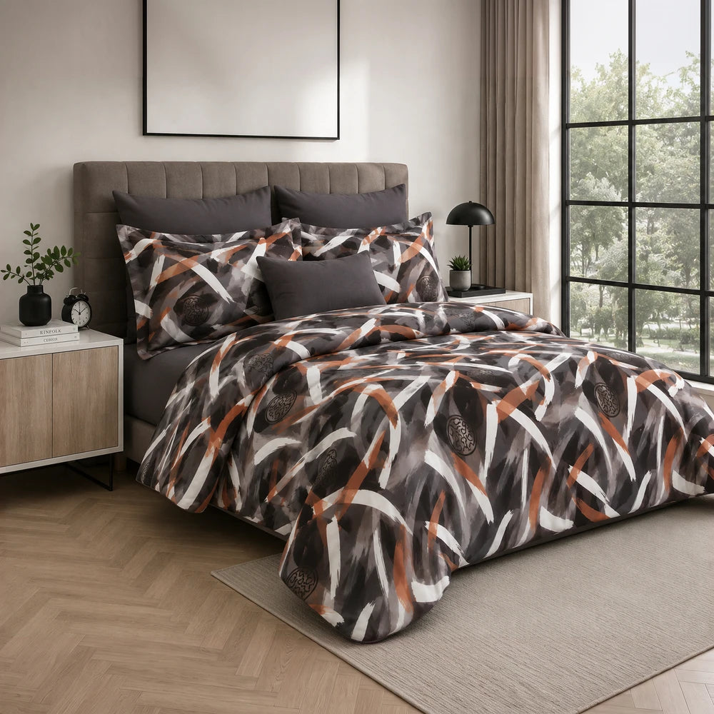 Pierre Cardin Microfibre Duvet Cover Set Reiya in charcoal gray with orange and white abstract brush print.